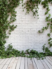 Rustic white brick wall backdrop with ivy vines and wooden floorboards studio shot for product photography