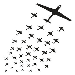 Silhouette Airplane Formation Ascending Towards a Larger Plane, Minimalist Black and White