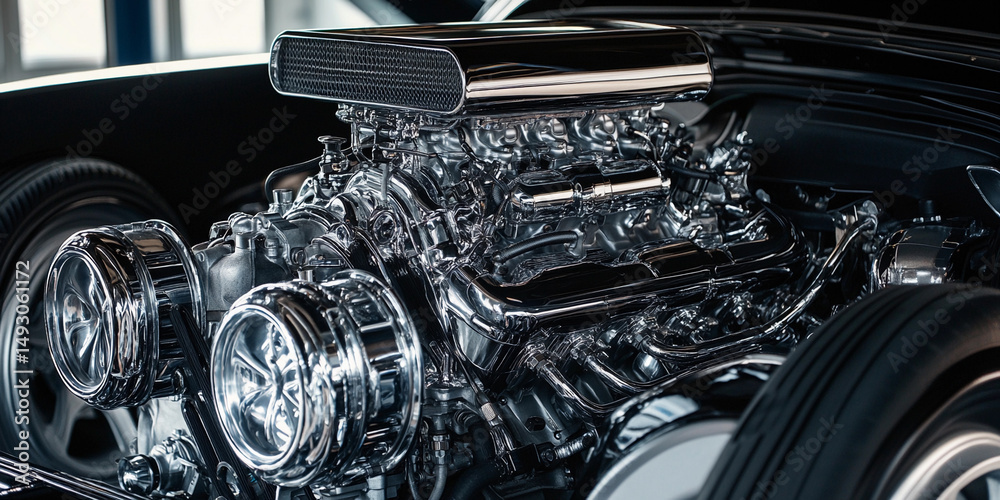 Aufkleber Close-up view of a powerful modified car engine Generative AI