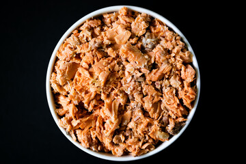 Bowl of Tinned Alaskan Red Salmon High In Omega 3 and Protein