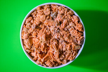 Bowl of Tinned Alaskan Red Salmon High In Omega 3 and Protein