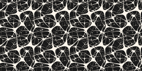 Vector abstract seamless pattern with neurons, brain cells, nerves, organic shapes. Simple monochrome illustration of neural network, net, grid, bionics. Black and white background. Endless texture