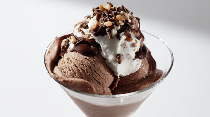 Decadent chocolate ice cream topped with whipped cream, chocolate syrup, and nuts creates delightful dessert experience