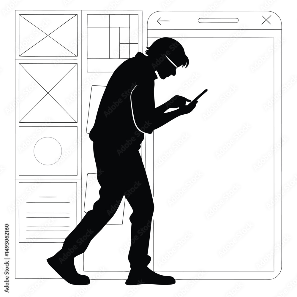 Wall mural silhouette of a person using a smartphone while conceptualizing ui designs