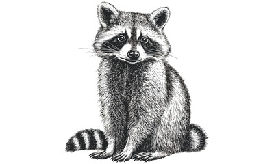 Vintage Wildlife Drawing, Raccoon Sitting Calmly, Rustic Wall Art Print, Hand-drawn Forest Animal Etching, Black Sketch, Scientific Animal Illustration, Nature Decor, Woodland Art