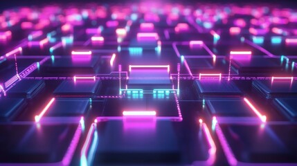 Abstract digital grid with vibrant neon lights