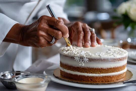 A skilled baker carefully decorates a cake with intricate icing, showcasing artistry and passion in baking, as well as the joy of creating delightful edible masterpieces.