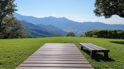Serene mountain view walkway bench
