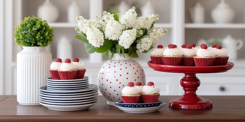 A table with cupcakes and plates all in red white and blue theme