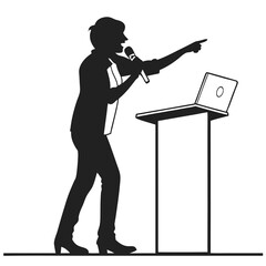 Silhouette of a speaker presenting from a podium with a laptop setup