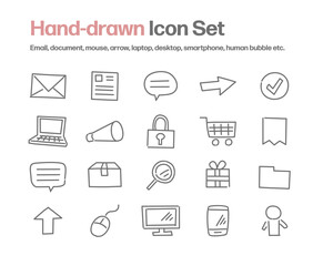 フリーハンド手書きアイコンセット：Email,書類,パソコン,吹き出し,マウス,セキュリティ,通販,スマホ等