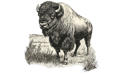 Retro Bison Engraving, Prairie Animal Line Art, Vintage Wildlife Sketch, Rustic Fauna Illustration, Monochrome Etching, Antique Nature Print, hand drawn wild animal,
