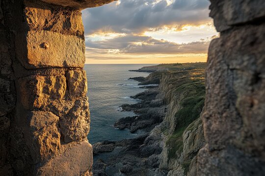 Fototapeta Sunset view of a dramatic coastline seen through a weathered stone window.