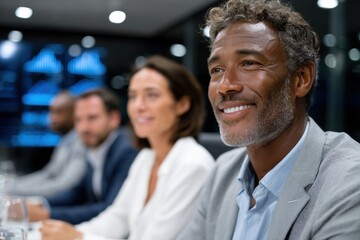 A diverse group of professionals is seen in a conference meeting, highlighting teamwork and collaboration, showcasing engaged expressions and a serious business atmosphere.