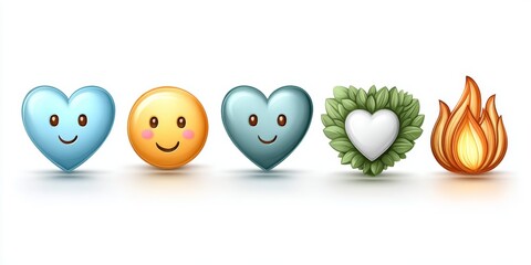 Obraz premium a 2d flat vector of popular emoji icons like smile heart and fire with clean borders on white