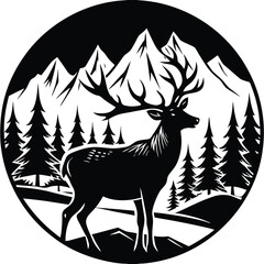 Majestic Deer in Mountain Landscape Black and White Illustration
