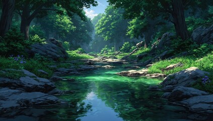Obraz premium Pixelated Forest Stream Scene with Lush Green Trees and Sunlight in Tranquil Nature Environment