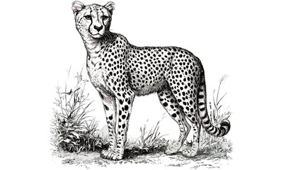 Antique Cheetah Sketch, Vintage Wildlife Etching, Rustic Line Art in Savannah, Monochrome Wild Cat Illustration, Classic Nature Drawing, Retro Fauna Artwork, traditional engraving style
