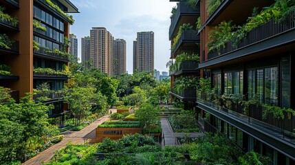 Lush green courtyard between modern buildings