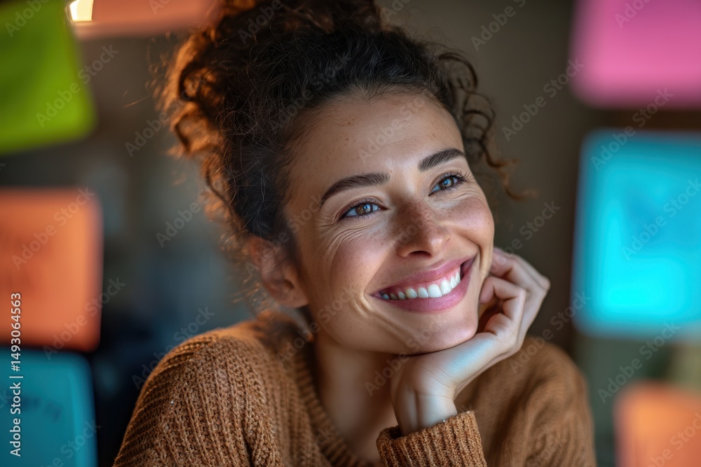 Leinwandbilder smiling woman resting chin on hand surrounded by sticky notes, representing optimism and creative th