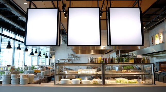 Modern cafeteria with blank menu boards, glass food display, and stylish lighting in a bright, contemporary setting.