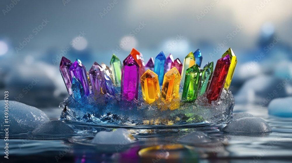 Poster a frozen crown of vibrant crystals set against a minimal icy backdrop, low detail and head-on angle 