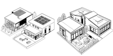 The isometric icon set depicts a connected cottage that has one storey and a flat roof