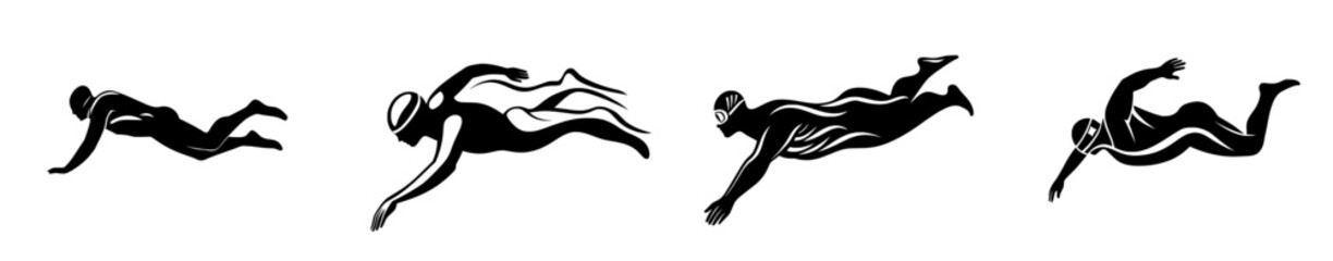 A lone swimmer icon is depicted, shown as a black silhouette of a man swimming in the waves, symbolizing concepts such as swimming pools, summer competitions, and more