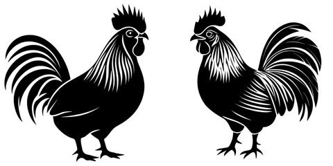 The image is a modern illustration of a rooster in a black silhouette, posed on one leg, isolated on white