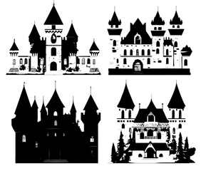 Obraz premium The modern illustration features a cartoon fairy tale castle, scarry knight, and key-stone palace tower icon, all set against a backdrop of medieval architecture and building design
