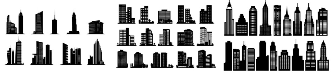 The illustration depicts city buildings in modern style, with black silhouettes of various architectural constructions, including skyscrapers and low-rise buildings, isolated on a white background,