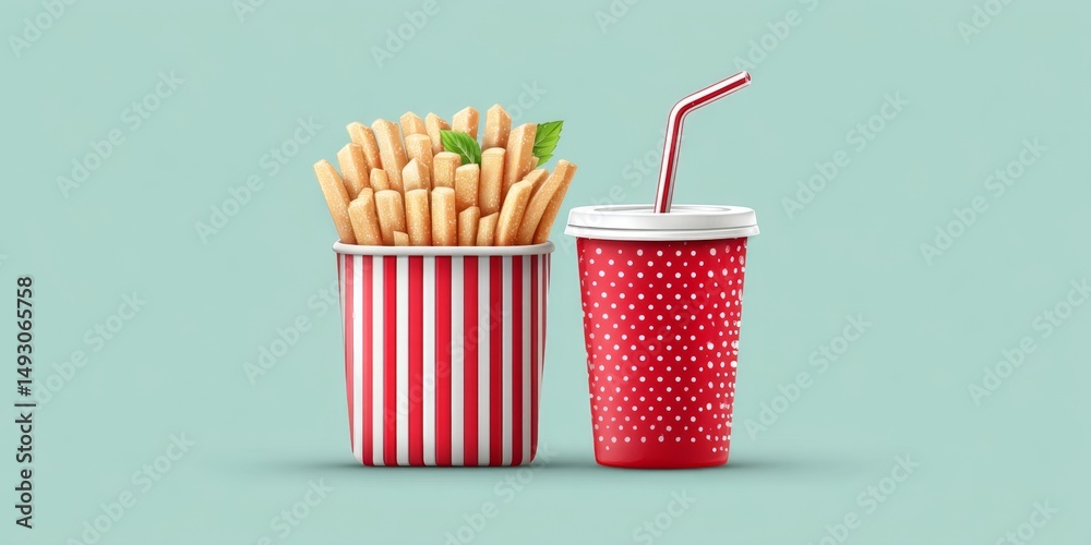 Poster a minimalist vector of fries and soda with flat colors and clean lines