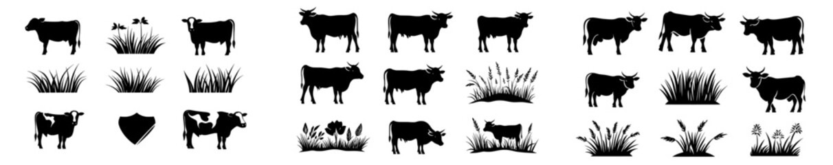 Angus cattle and grass form a silhouette in a livestock farm logo design featuring a cow