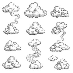 Steam icons are depicted as linear symbols of steam function in domestic and industrial appliances isolated on a white background, presented as a modern illustration with editable stroke
