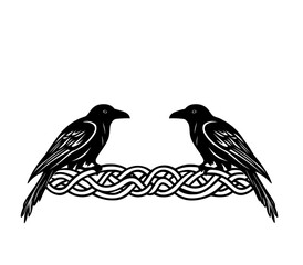A modern representation of two ravens is presented in a gothic Celtic knot design with a black and white color scheme