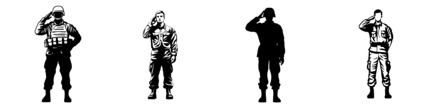 A black silhouette of a soldier saluting is set against a white background and is depicted wearing a hat