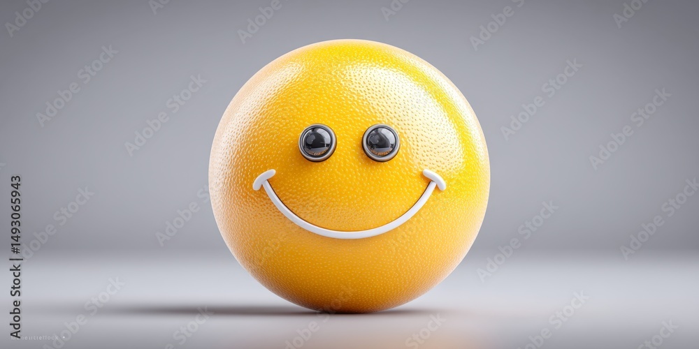 Poster a realistic 3d rendering of a smiling face emoji with glossy yellow texture and shadow