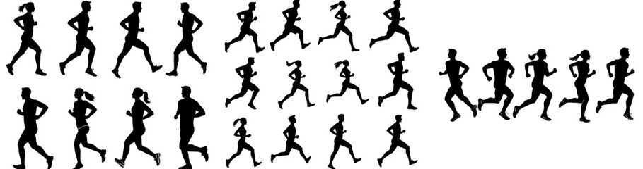 Figures in motion, contemporary solitary forms, are sprinting, males and females