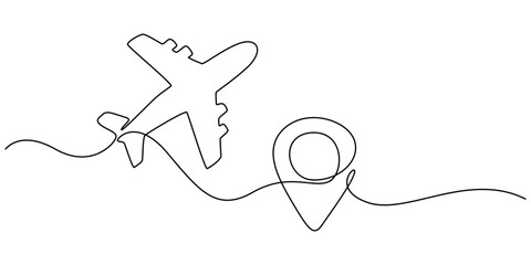Airplane travelling continuous one line draw with map pin location, Continuous line drawing of aircraft flight routes and airport destinations. airplane line path icon of airplane flight route.