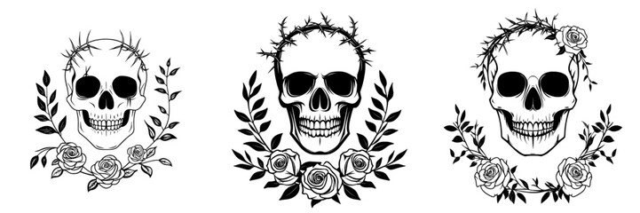 Modern illustration of Halloween Santa Muerte, featuring a human skull surrounded by a rose wreath and hand bones adorned with dog-rose garlands, depicted as a mystical character in a tattoo design