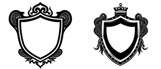 A medieval knight or royal family's heraldic crest is represented by a coat of arms shield, featuring a vintage motif with filigree and leaf heraldry