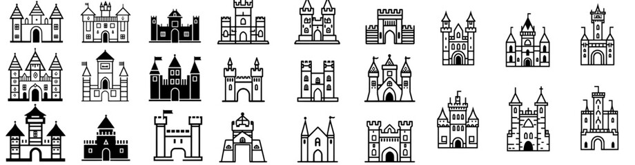 Modern medieval castles are depicted in a thin line icon set