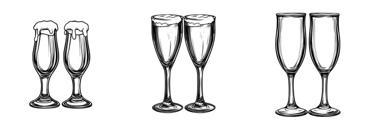 The icon of a glass of beer is depicted in a modern monochrome illustration, available in two versions and isolated on white