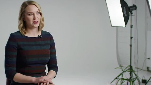 Young women giving an interview in Studio with white background