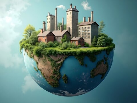 Eco-buildings rise on half-Earth, a green future contrasting with a natural, untouched side.