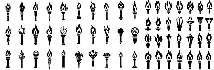 Torch symbols set against a white background are designed for use in graphic and web design, serving as a modern and simple sign for internet-related concepts, including website buttons and mobile