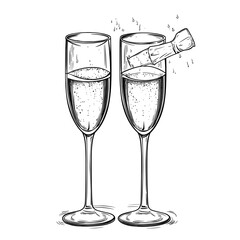 Flat style illustration of a champagne glass icon, representing a modern alcohol drink on a white isolated background, symbolizing a cocktail business concept