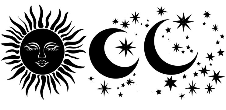 Medieval influences meet modern art in an illustration that showcases the sun, moon, stars, and phases of the moon, with elements of alchemy and gothic design