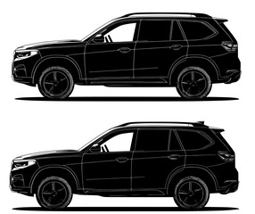 A collection of off-road 4x4 SUV cars is depicted in a side view, showcasing various colors and a flat style, as seen in a modern illustration