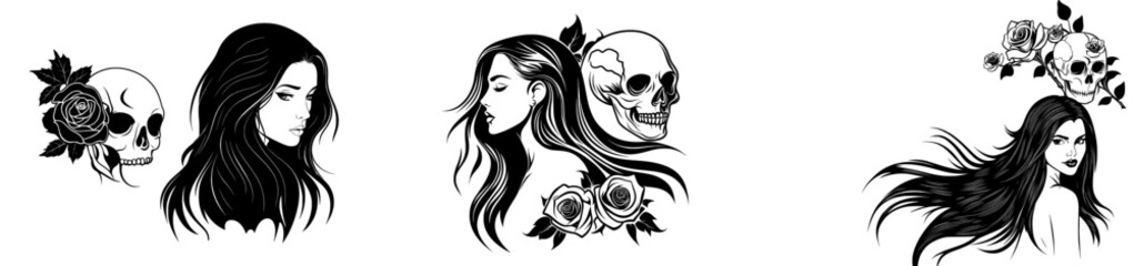 Modern sketch of a girl with skeleton makeup, presented as a hand-drawn portrait of a Santa Muerte woman witch
